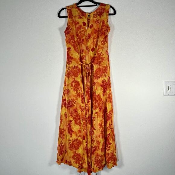 La D'Da Vtg Midi Dress S Crinkled Rayon Orange Floral Sleeveless Flowy Summer - Picture 4 of 8